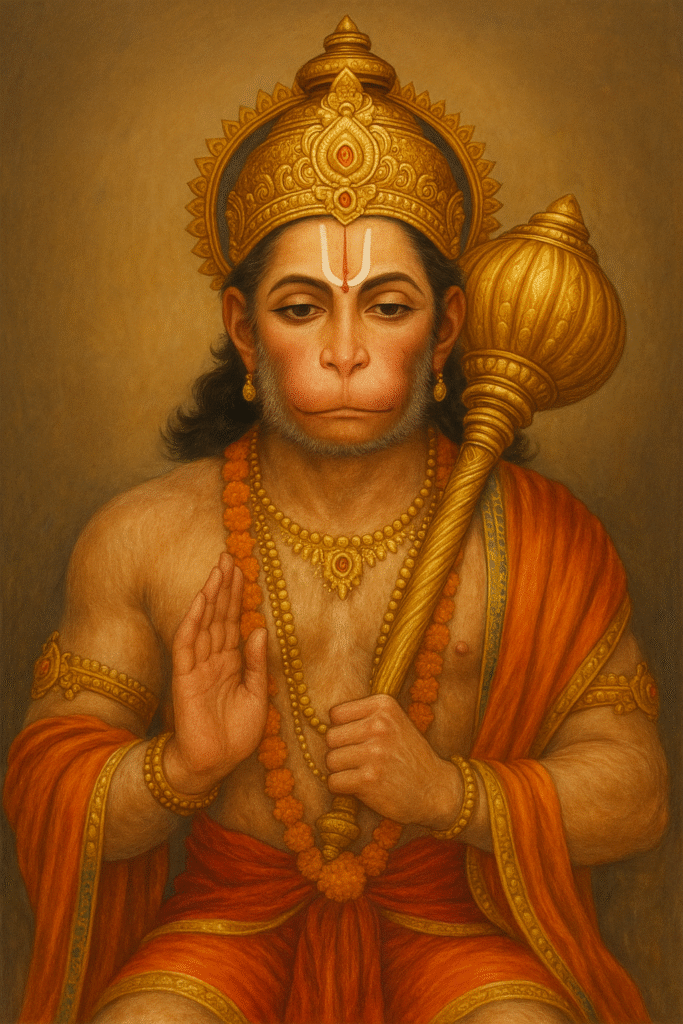 Hanuman Ji Ka Janam, Bal Leelayein or Ram Bhakti Ka Pramaan 1 "Lord Hanuman seated in a blessing pose with a golden mace in one hand, wearing an ornate crown, red dhoti, and sacred jewelry, radiating divine strength and peace against a golden background."
