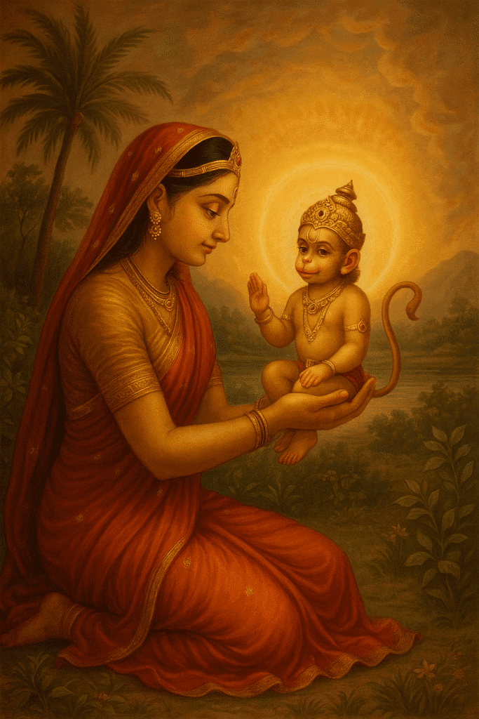 Hanuman Ji Ka Janam, Bal Leelayein or Ram Bhakti Ka Pramaan 2 "Anjani Mata lovingly holding baby Hanuman in her arms during his divine birth, with Hanuman glowing with a radiant halo, both seated in a peaceful natural setting symbolizing purity and devotion."