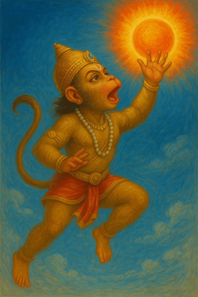 Hanuman Ji Ka Janam, Bal Leelayein or Ram Bhakti Ka Pramaan 3 Bal Hanuman asmaan mein udte hue Sooraj ko phal samajh kar nigalne ki koshish kar rahe hain, unke mukh se tej nikal raha hai, peechhe neela aakash aur Sooraj ka prakash, unke shaktishaali swaroop ko darshata hai.