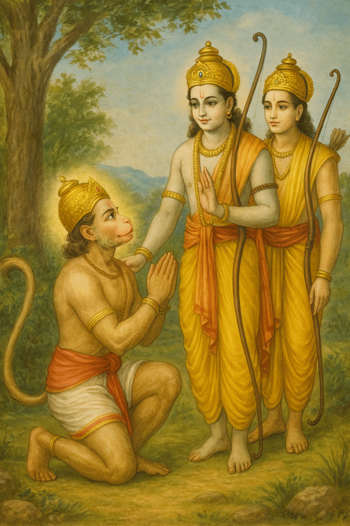 Hanuman Ji Ka Janam, Bal Leelayein or Ram Bhakti Ka Pramaan 4 Hanuman Ji, vanar roop mein, Ram aur Lakshman ke samne vinamr bhaav se haath jod kar pehli baar milte hue — ek van mein, Ram Ji kripa bhaav se unka haath pakadte hain aur Lakshman unke peechhe khade hain, teenon ke mukh par shanti aur divyata ka prakash.
