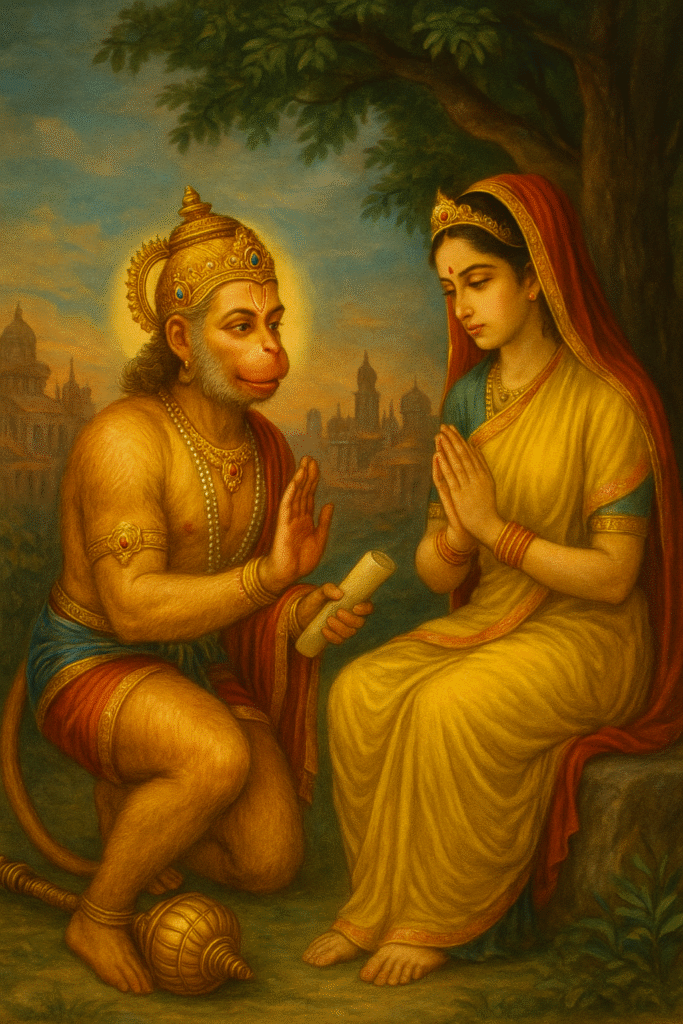 Hanuman Ji Ka Janam, Bal Leelayein or Ram Bhakti Ka Pramaan 5 Hanuman ji presenting Lord Ram’s message to Sita Mata in Ashok Vatika – symbol of devotion, service, and loyalty.