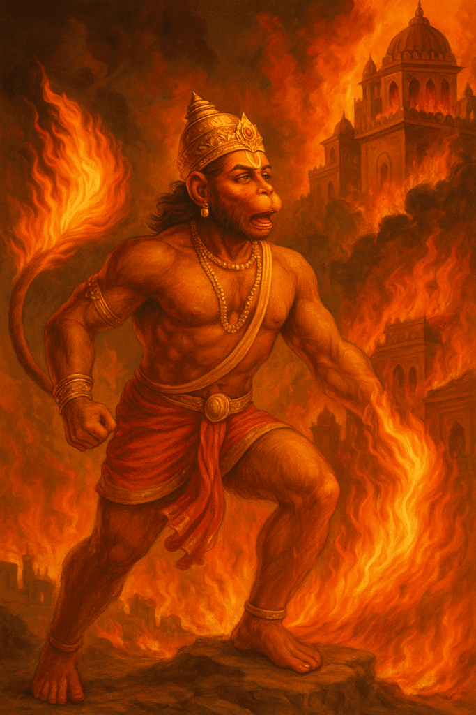 Hanuman Ji Ka Janam, Bal Leelayein or Ram Bhakti Ka Pramaan 6 Hanuman ji setting Lanka ablaze with his burning tail – symbolizing divine justice and power.