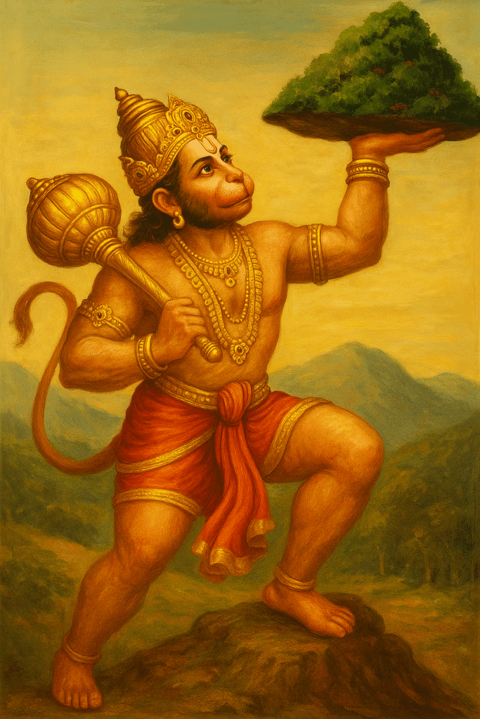 Hanuman Ji Ka Janam, Bal Leelayein or Ram Bhakti Ka Pramaan 7 Hanuman ji flying with the Sanjeevani Parvat in hand to save Lakshman – icon of strength and devotion.