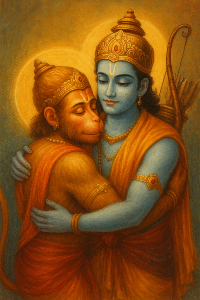 Hanuman Ji Ka Janam, Bal Leelayein or Ram Bhakti Ka Pramaan 8 Emotional moment of Hanuman ji embracing Lord Ram – expression of pure love, surrender, and faith.