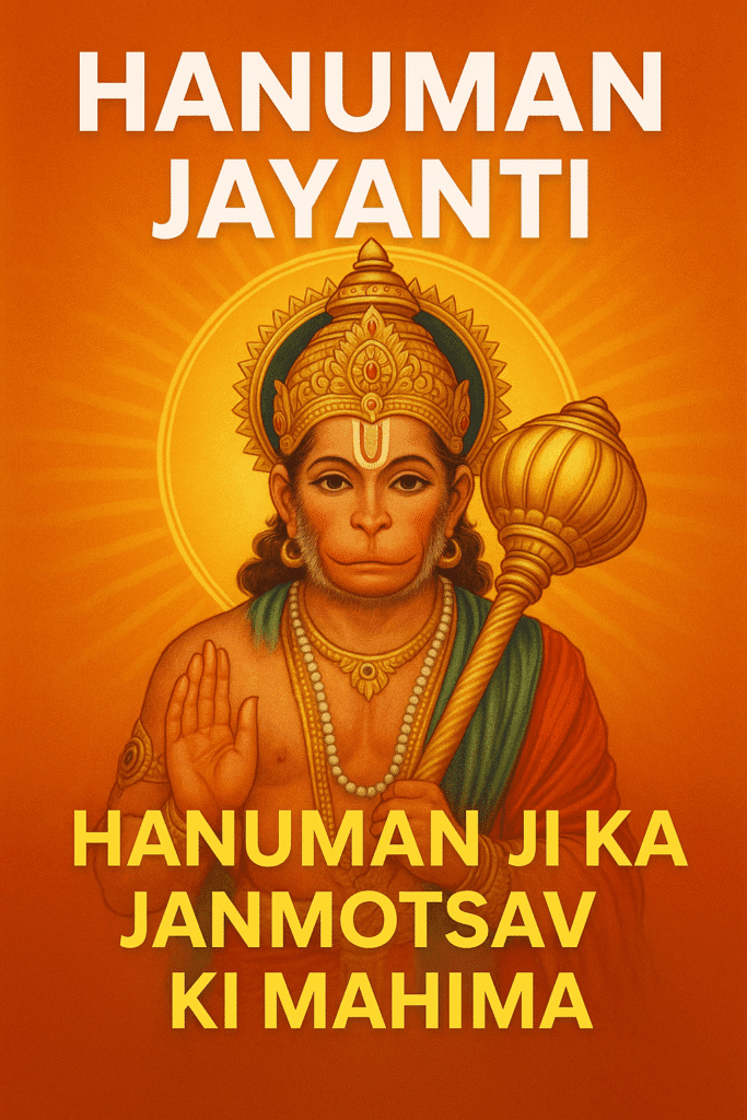 Hanuman Ji Ka Janam, Bal Leelayein or Ram Bhakti Ka Pramaan 9 Hanuman Jayanti celebration poster with divine image of Hanuman ji – honoring his birth and power.