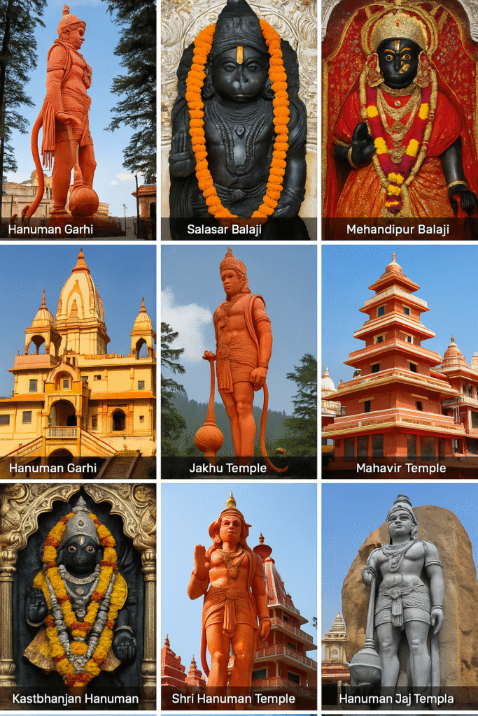 Hanuman Ji Ka Janam, Bal Leelayein or Ram Bhakti Ka Pramaan 10 Collage of major Hanuman temples including Salasar Balaji, Mehandipur Balaji, Jakhu Temple, and Hanuman Garhi.