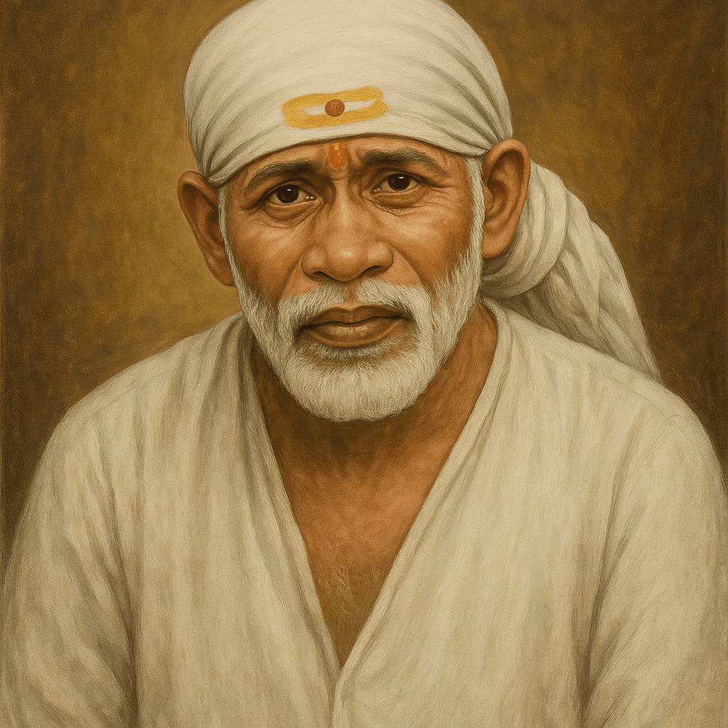 Shirdi Sai Baba Ki Jeevan Gatha Or Unki Divya Leelayen 4 "Sai Baba of Shirdi with a calm expression, wearing a white robe and headscarf with a tilak on his forehead, symbolizing peace, wisdom, and spiritual presence against a golden brown background."