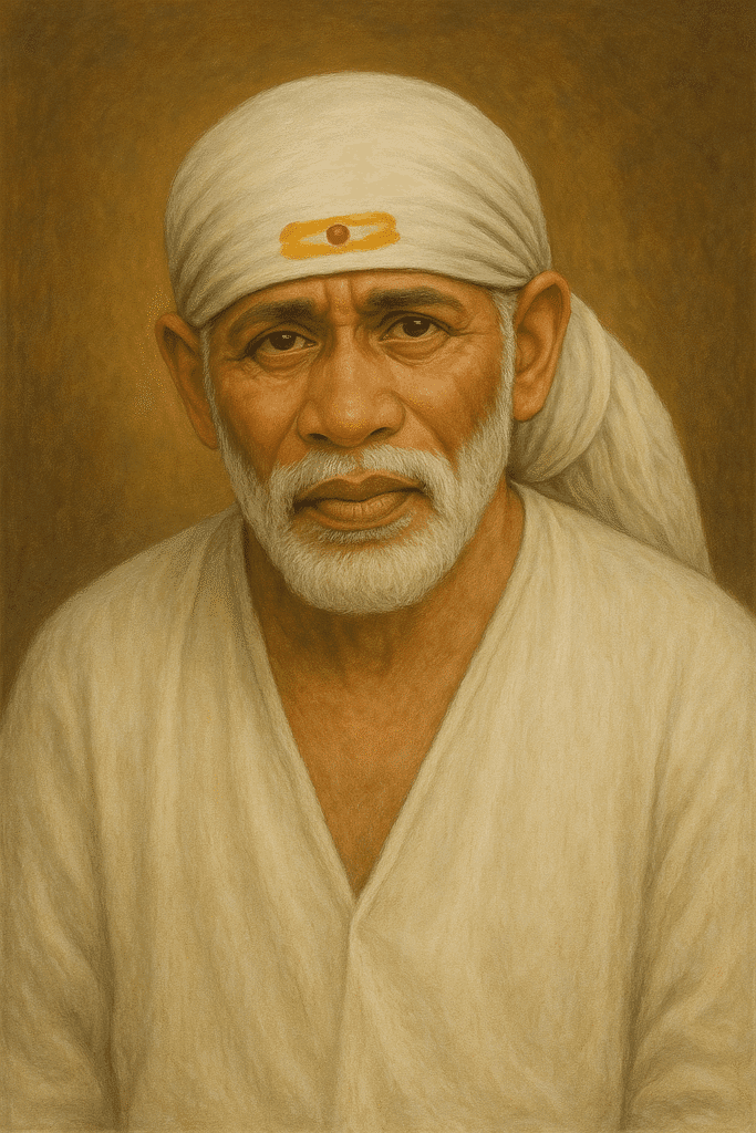 Shirdi Sai Baba Ki Jeevan Gatha Or Unki Divya Leelayen 1 "Sai Baba of Shirdi seated calmly in white robes with a peaceful expression, wearing a white headscarf marked with a tilak, against a warm golden-brown background – symbol of faith, devotion, and spiritual grace."