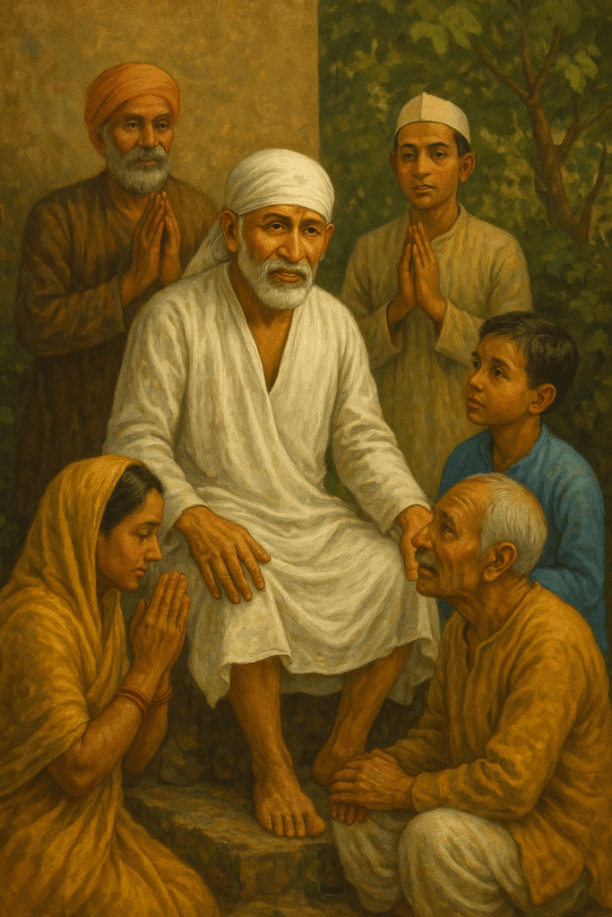 Shirdi Sai Baba Ki Jeevan Gatha Or Unki Divya Leelayen 2 Painting of Sai Baba seated in white attire, surrounded by devotees from all walks of life, symbolizing his message of unity, compassion, and spiritual guidance.