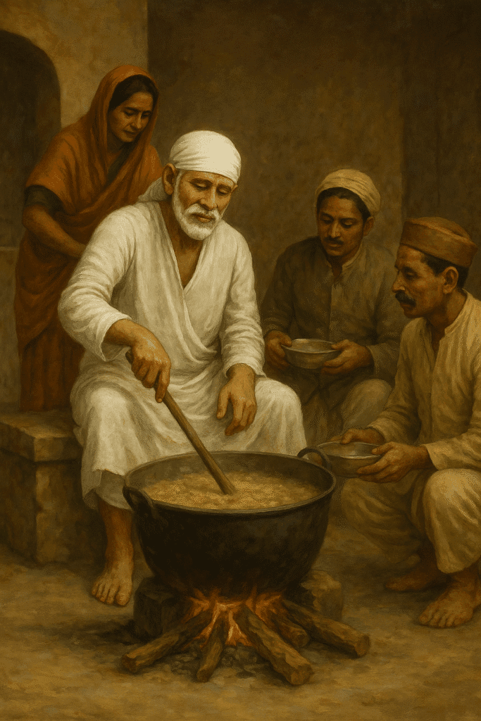 Shirdi Sai Baba Ki Jeevan Gatha Or Unki Divya Leelayen 3 Sai Baba bade bartan mein khichdi pakaate hue – seva aur samarpan ka chitr
