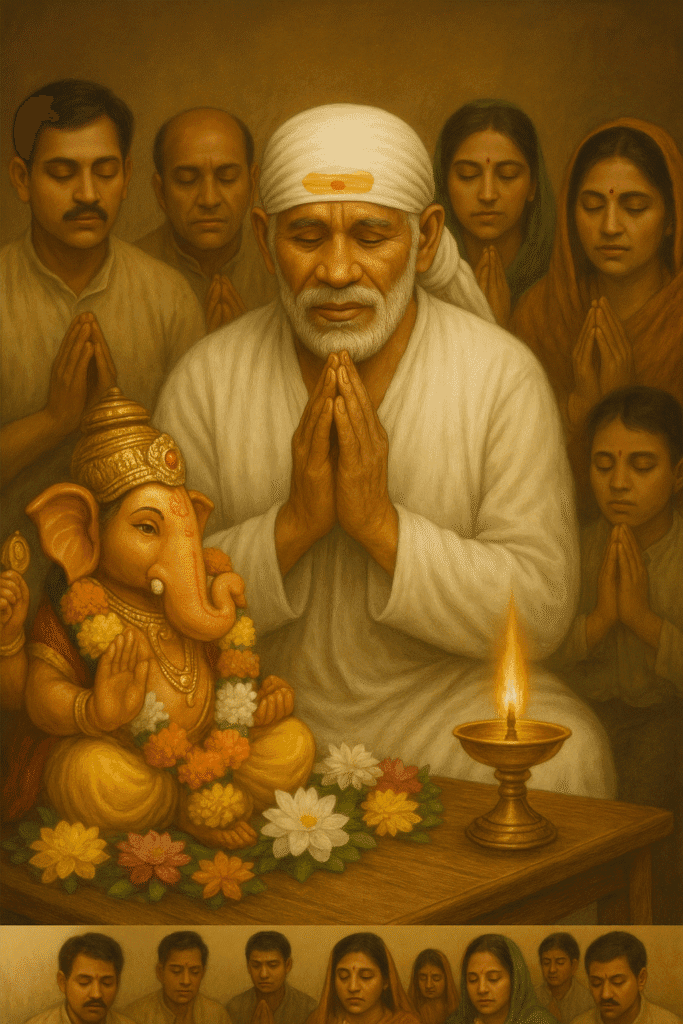 Shirdi Sai Baba Ki Jeevan Gatha Or Unki Divya Leelayen 6 Sai Baba Ganesh ji ke samne prarthana karte hue – bhakti aur ekta ka sandesh