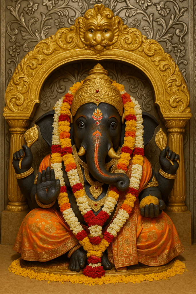 Khajrana Ganesh Mandir: Bhakti, Shakti Aur Vishwaas Ka Prateek 1 "Khajrana Ganesh Mandir ke andar virajmaan Ganpati Bappa – suvarna mukut, gajmukh roop, sundar haaron se shobhit, ashirwad ki mudra mein baithak."