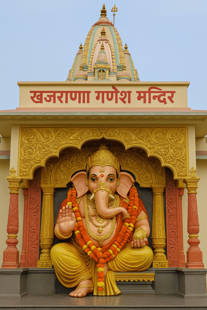 Khajrana Ganesh Mandir: Bhakti, Shakti Aur Vishwaas Ka Prateek 2 Khajrana Ganesh Mandir ka mukhya dwaar – mandir ke upar likha hua naam aur niche Ganpati ji ki bhavy murti suvarna shringar ke saath sthapit."