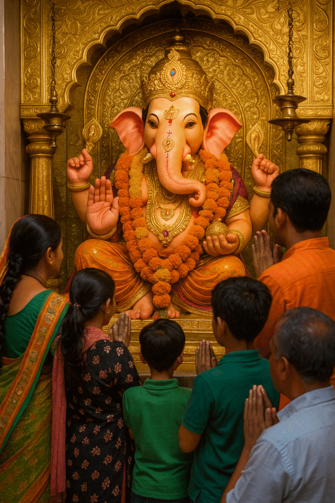 Khajrana Ganesh Mandir: Bhakti, Shakti Aur Vishwaas Ka Prateek 3 "Ganesh ji ke samne pooja karte hue bhakt – parivaar ke sadasya haath jodkar prarthana mein lage hain, Ganpati Bappa suvarna shringar aur modak ke saath virajmaan hain, mandir ka golden backdrop bhakti aur divyata ka prateek hai."