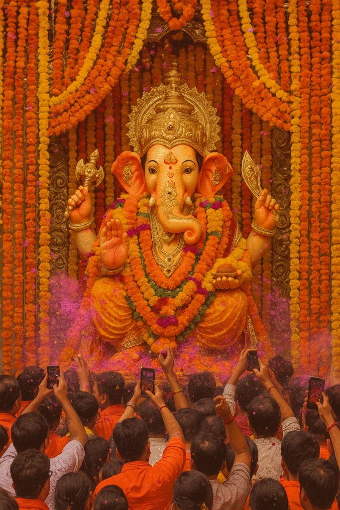 Khajrana Ganesh Mandir: Bhakti, Shakti Aur Vishwaas Ka Prateek 4 “Ganesh Utsav ke dauran sajaye gaye Ganpati Bappa – bhakton ka utsah, pushp varsha aur bhakti se bhara mahaul.”