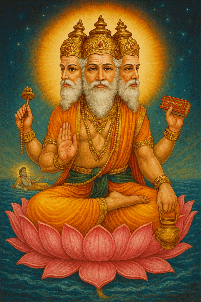 Kyun Nahi Hoti Brahma Ji Ki Pooja? Puranik Kathaon Mein Chhupi Sachchai 1 "Brahma ji chaar mukh ke saath kamal par virajmaan hain, haathon mein mala, pustak, kamandal aur abhaya mudra; peechhe Vishnu ji Sheshnag par shayan hain – srishti, gyaan aur divyata ka prateek roop."
