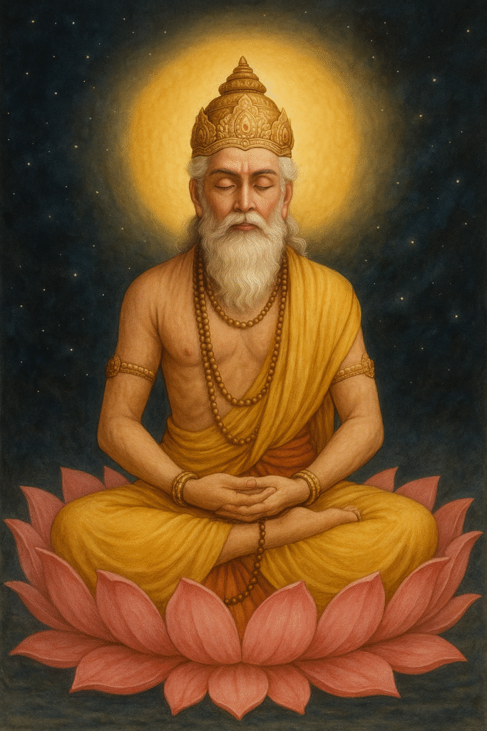 Kyun Nahi Hoti Brahma Ji Ki Pooja? Puranik Kathaon Mein Chhupi Sachchai 2 Brahma ji kamal par dhyan mein – srishti ke mool siddhant aur gyaan ka roop.