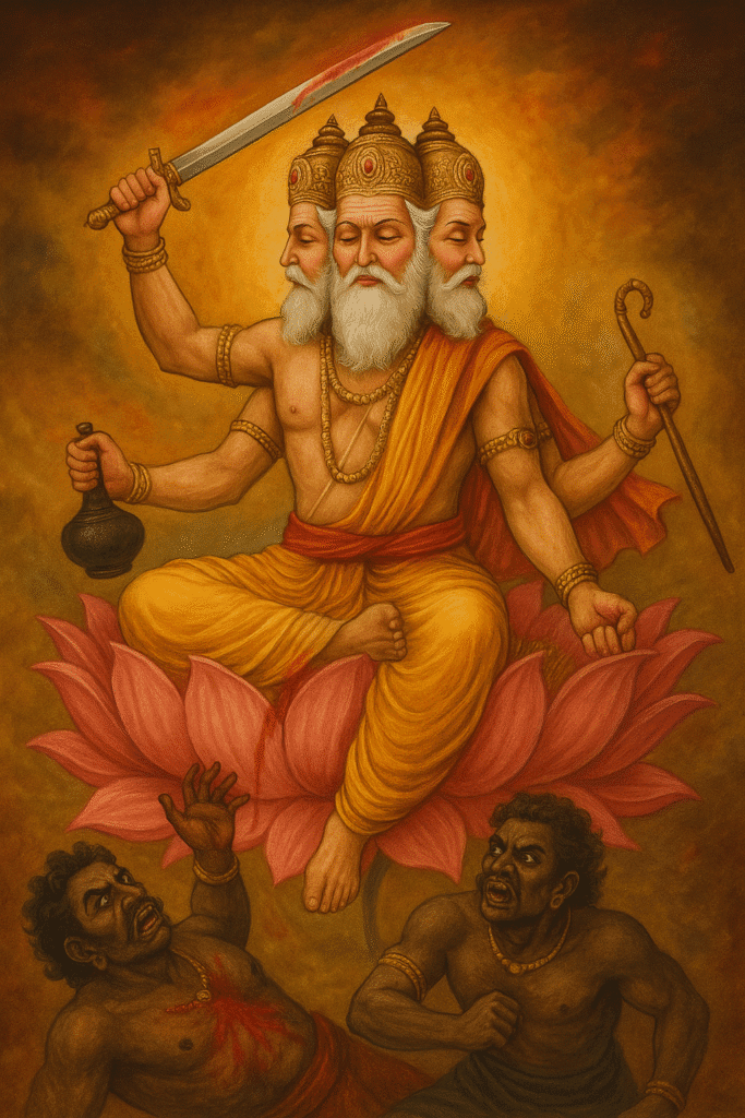 Kyun Nahi Hoti Brahma Ji Ki Pooja? Puranik Kathaon Mein Chhupi Sachchai 6 Brahma ji asuron ka vadh karte hue – dharm raksha aur satya ka prateek.
