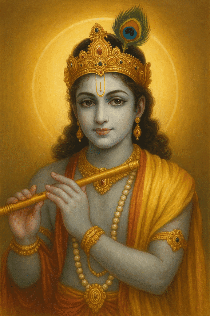 Bhagwan Krishna ji Ka Divya Jeevan – Janam Se Le Kar Geeta Gyaan Tak 1 “Lord Krishna playing flute, adorned with golden crown and peacock feather, wearing yellow garments and pearl jewelry, radiating divine serenity and charm.” shree krishna