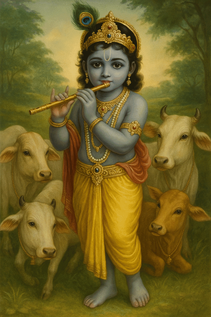 Bhagwan Krishna ji Ka Divya Jeevan – Janam Se Le Kar Geeta Gyaan Tak 3 "Bal Gopal playing flute, standing among cows in Vrindavan, adorned with yellow dhoti, peacock feather crown, and divine ornaments, radiating calm and spiritual bliss."