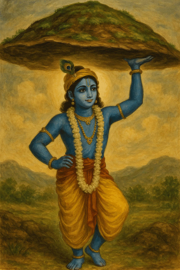 Bhagwan Krishna ji Ka Divya Jeevan – Janam Se Le Kar Geeta Gyaan Tak 4 “Bal Krishna lifting Govardhan Parvat effortlessly on his little finger, wearing yellow dhoti, flower garland, and peacock feather crown – symbol of divine strength and protector of Vrindavan.”