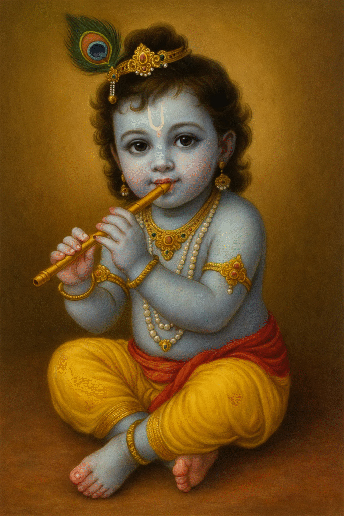 Bhagwan Krishna ji Ka Divya Jeevan – Janam Se Le Kar Geeta Gyaan Tak 2 “Bal Krishna playing flute while sitting cross-legged, adorned with peacock feather crown, golden jewelry, yellow dhoti and a soft smile – a symbol of divine music and innocence.”