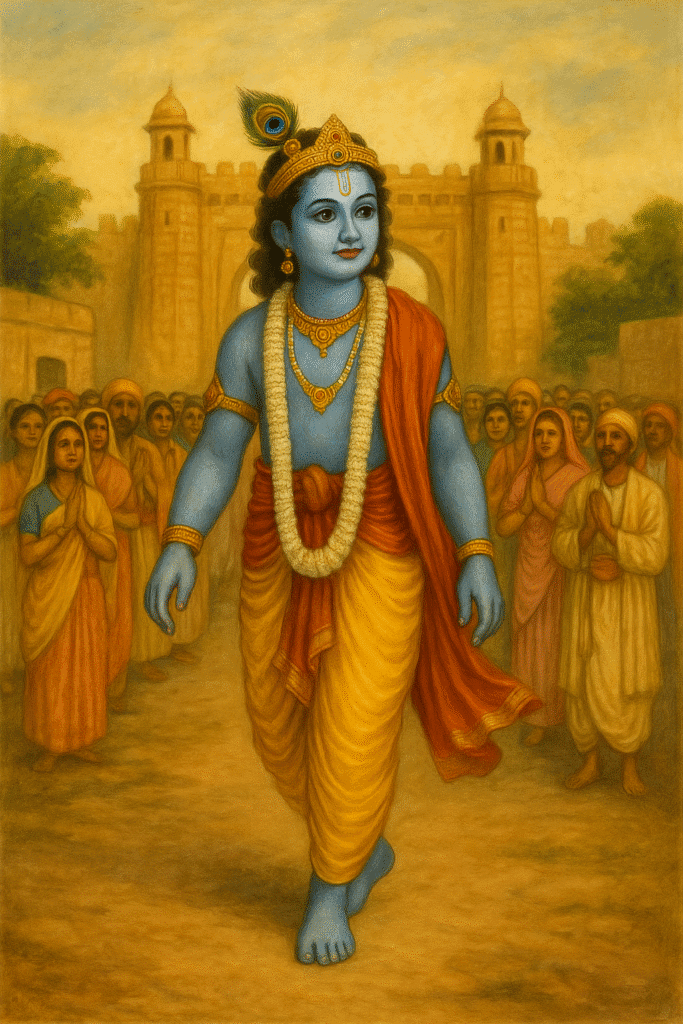 Bhagwan Krishna ji Ka Divya Jeevan – Janam Se Le Kar Geeta Gyaan Tak 6 Shree Krishna entering Mathura with divine grace, wearing yellow dhoti and red shawl, adorned with peacock feather crown and garland, as the people of Mathura welcome him with folded hands.Radha Rani