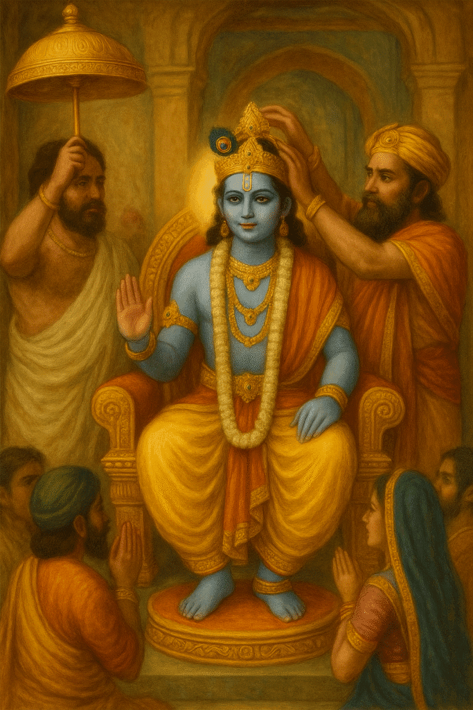 Bhagwan Krishna ji Ka Divya Jeevan – Janam Se Le Kar Geeta Gyaan Tak 7 “Lord Krishna seated on a golden throne during his Rajyaabhishek in Dwarka, wearing a crown with a peacock feather, surrounded by devotees and attendants in a grand palace setting.”