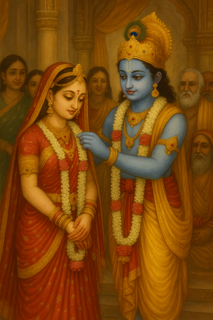 Bhagwan Krishna ji Ka Divya Jeevan – Janam Se Le Kar Geeta Gyaan Tak 8 “Lord Krishna and Rukmini exchanging garlands during their divine wedding ceremony, dressed in traditional royal attire, surrounded by joyous attendants in a palace setting.”Randha rani