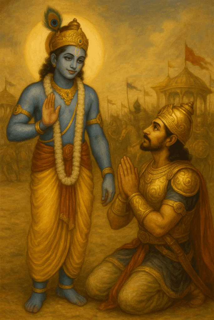 Bhagwan Krishna ji Ka Divya Jeevan – Janam Se Le Kar Geeta Gyaan Tak 9 Shree Krishna giving Geeta Updesh to Arjuna on the battlefield of Kurukshetra, with Krishna raising his hand in blessing and Arjuna kneeling in reverence, surrounded by war tents and flags.