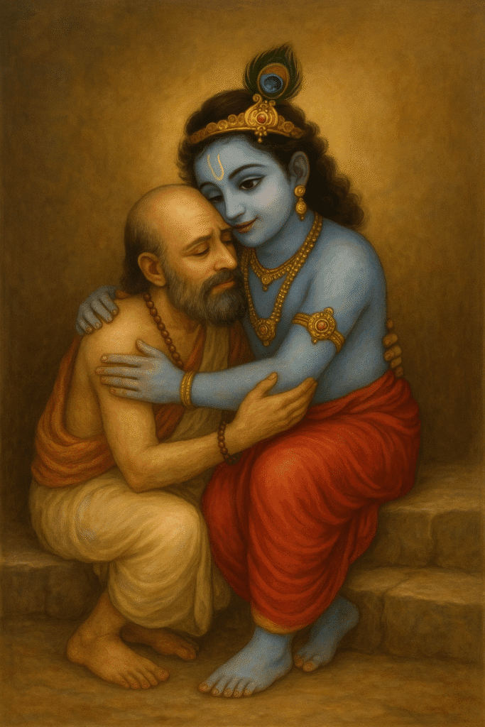 Bhagwan Krishna ji Ka Divya Jeevan – Janam Se Le Kar Geeta Gyaan Tak 10 Shree Krishna lovingly embracing his childhood friend Sudama, seated together on palace steps, symbolizing divine friendship, humility, and emotional reunion.