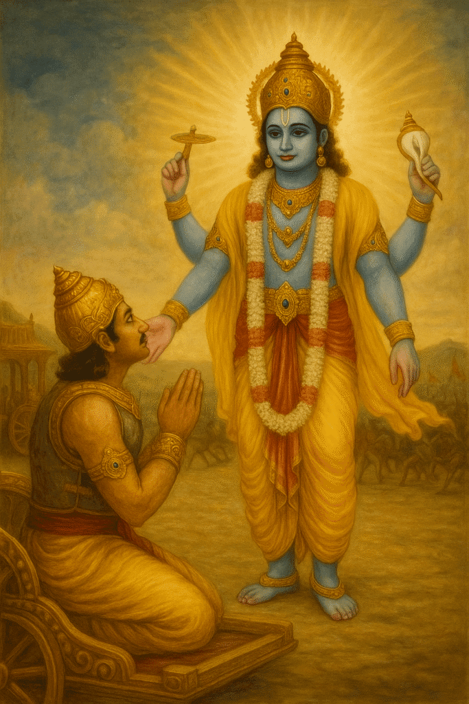 Bhagwan Krishna ji Ka Divya Jeevan – Janam Se Le Kar Geeta Gyaan Tak 11 Shree Krishna revealing his divine Vishnu roop to Arjuna on the battlefield of Kurukshetra, holding Sudarshan Chakra and Shankh, as Arjuna kneels in devotion.