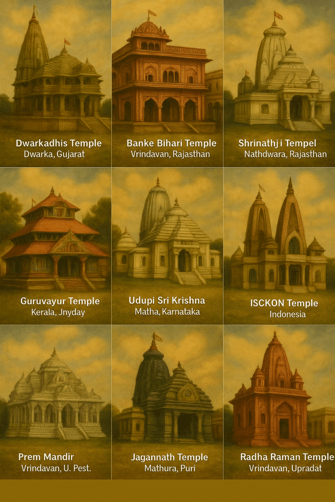 Bhagwan Krishna ji Ka Divya Jeevan – Janam Se Le Kar Geeta Gyaan Tak 12 A collage of Shree Krishna’s ten famous temples including Dwarkadhish, Banke Bihari, Shrinathji, Guruvayur, Udupi, ISKCON, Prem Mandir, Jagannath, and Radha Raman temples – showcasing traditional Indian temple architecture.