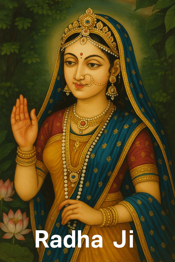 Vrindavan Ki Rani Radha Ji: Leelaon Aur Bhakti Ka Adbhut Sangam 1 “Radha Ji in traditional attire with lotus background, wearing royal jewelry and blessing posture – symbol of divine love and devotion.”