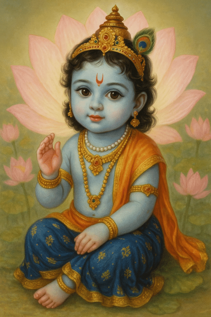Vrindavan Ki Rani Radha Ji: Leelaon Aur Bhakti Ka Adbhut Sangam 2 “Bal Roop Mein Radha Ji – Shringar Yukta, Neela Varn, Mukut Dharan Kiye, Kamal Phoolon Ke Beech Baithi Hui, Komal Muskan Ke Saath Divya Roop.”