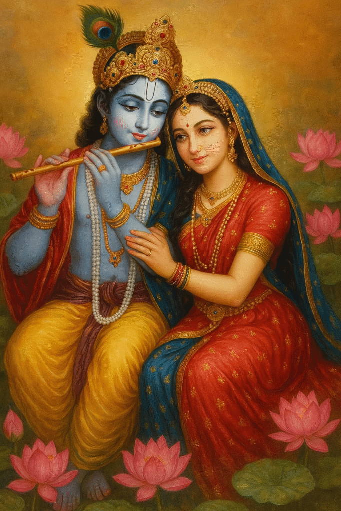 Vrindavan Ki Rani Radha Ji: Leelaon Aur Bhakti Ka Adbhut Sangam 4 “Radha Krishna – Prem aur Bhakti ka divya sangam, Krishna bansuri bajate hue aur Radha prem se unhe dekhti hui, kamal ke phoolon ke beech, param shanti aur anand ka prateek.”