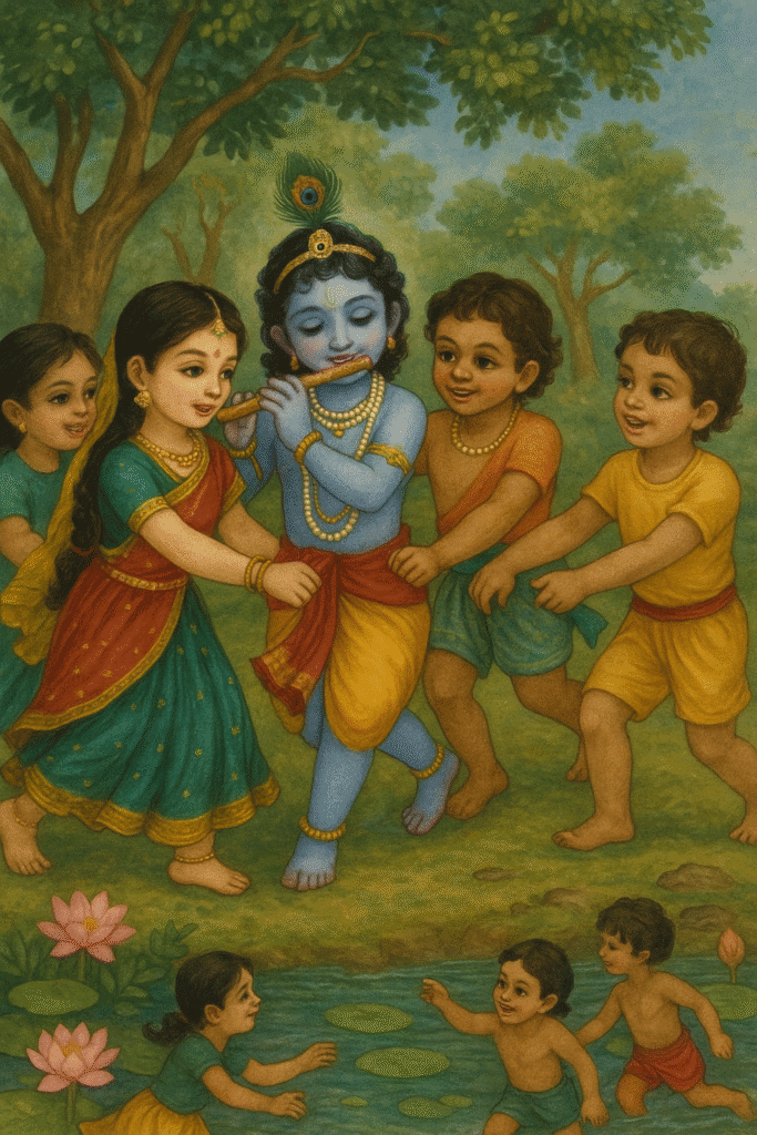 Vrindavan Ki Rani Radha Ji: Leelaon Aur Bhakti Ka Adbhut Sangam 3 “Bal Roop Mein Radha Krishna Apne Mitron Ke Saath Khelte Hue – Krishna Bansuri Bajate Hue, Radha Muskurate Hue Saath Chal Rahi Hai, Van Aur Kamal Talab Ke Saath Sundar Prakritik Drishya.”