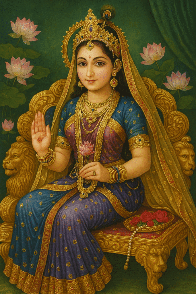 Vrindavan Ki Rani Radha Ji: Leelaon Aur Bhakti Ka Adbhut Sangam 8 “Radha Rani Singhasan Par Baithi Hui, Sone Ka Shringar, Hast Mein Kamal, Peeche Sher Vahan Ke Roop Mein, Shanti Aur Divyata Se Paripoorn.”