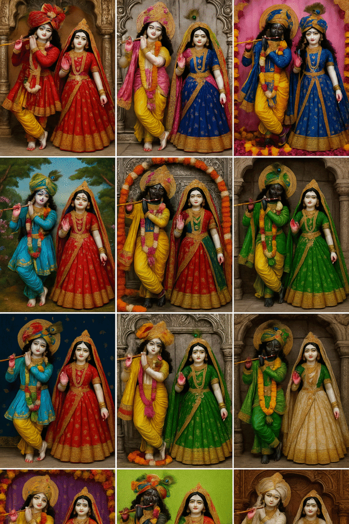 Vrindavan Ki Rani Radha Ji: Leelaon Aur Bhakti Ka Adbhut Sangam 7 “Radha Krishna ke 10 alag-alag mandiron ke roop – vividh vastron mein sajit murtiyan, shringar aur bhakti se paripoorn darshan ek hi chitra mein.”