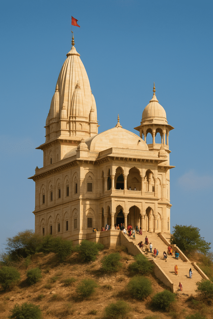 Vrindavan Ki Rani Radha Ji: Leelaon Aur Bhakti Ka Adbhut Sangam 5 “Barsana Dham ka Radha Rani Mandir – pahaadi par sthit, safed pattharon se bana, do gumbadon wala bhavya mandir, jisme bhakton ki bheed seedhiyon se upar ja rahi hai, neela aakash aur prakritik drishya ke saath.”