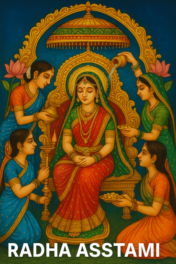 Vrindavan Ki Rani Radha Ji: Leelaon Aur Bhakti Ka Adbhut Sangam 6 “Radha Rani Rajsi Singhasan Par Baithi Hain, Ashtami Utsav Mein Striyon Dwara Pooja, Aarti Aur Abhishek Kiya Ja Raha Hai – Rangin Vastra, Mandap, Aur Bhakti Ka Divya Drishya.”