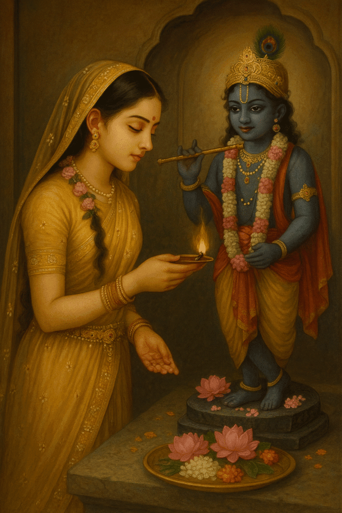 Vrindavan Ki Rani Radha Ji: Leelaon Aur Bhakti Ka Adbhut Sangam 9 “Radha Rani neele vastra mein Krishna ji ki murti ke samne diya jalakar pooja karti hui – mandir ke andar shanti aur bhakti se bhara roop, phoolon aur prarthana thali ke saath.”