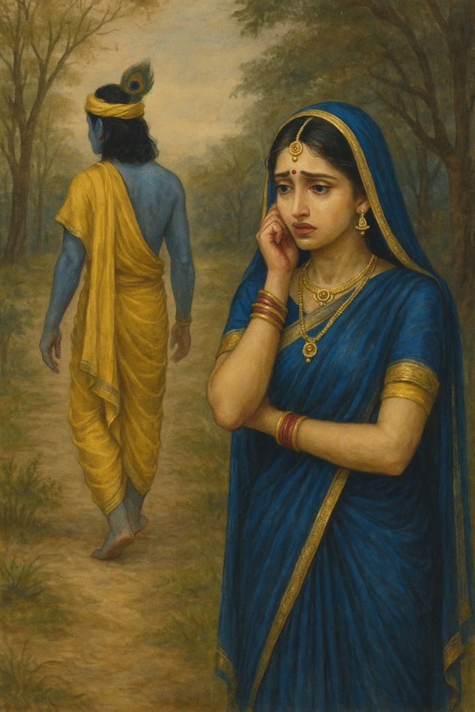 Vrindavan Ki Rani Radha Ji: Leelaon Aur Bhakti Ka Adbhut Sangam 10 “Krishna peeth ghoom kar door ja rahe hain, Radha akeli khadi aansuon ke saath unhe dekh rahi hain – virah, prem aur dard ka gehra drishya, peele aur neele vastron mein.”
