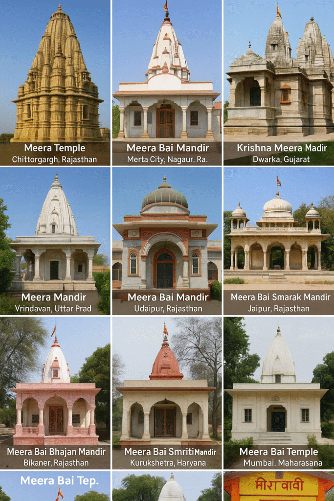 Shri Krishna Ki Deewani – Bhakt Meera Bai Ki Prem Gatha 11 Meera Bai ke 10 pramukh mandiron ka ek collage – Chittorgarh, Merta, Dwarka, Vrindavan, Udaipur, Jaipur, Bikaner, Kurukshetra aur Mumbai ke mandir dikhaye gaye hain.