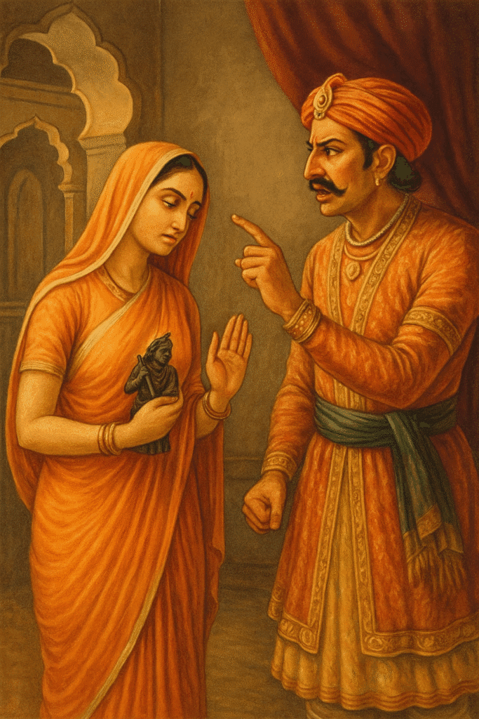 Shri Krishna Ki Deewani – Bhakt Meera Bai Ki Prem Gatha 5 Meera Bai Krishna ki murti haath mein liye, parivaar ke rajput purush ke saath matbhed ke dauran – bhakti aur samaj ke takraav ka drishya.