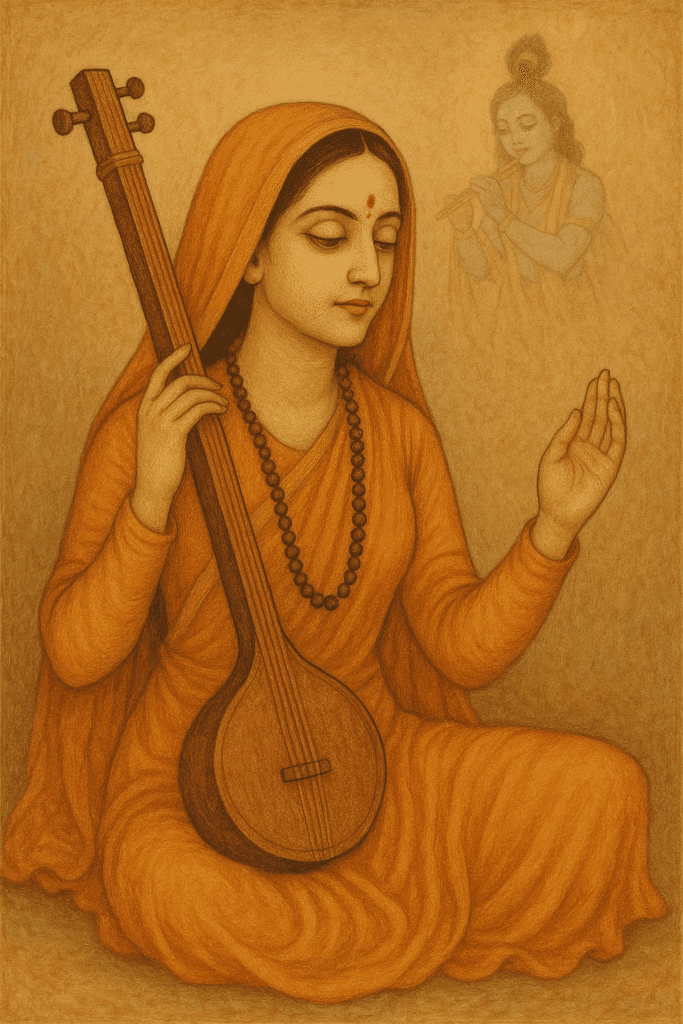 Shri Krishna Ki Deewani – Bhakt Meera Bai Ki Prem Gatha 1 Meera Bai tanpura haath mein liye bhakti mein leen, pichhe Krishna ji ka divya roop – ek traditional painting jisme prem aur samarpan ka sangam dikhai deta hai.