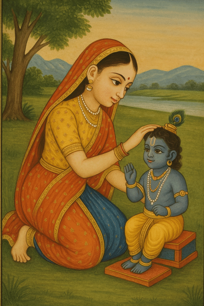 Shri Krishna Ki Deewani – Bhakt Meera Bai Ki Prem Gatha 2 Bachpan ki Meera Bai Krishna ki murti ke saath khelti hui – traditional Rajput painting style mein bhakti aur masoomiyat ka drishya.