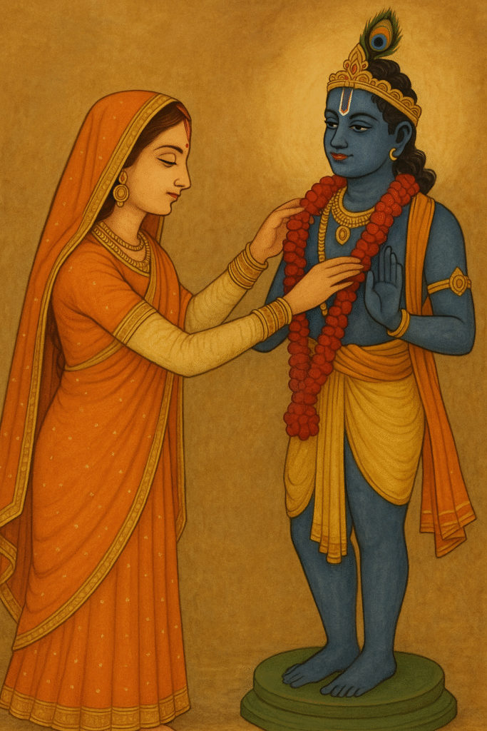 Shri Krishna Ki Deewani – Bhakt Meera Bai Ki Prem Gatha 3 Meera Bai Krishna ki murti ko varmala pehnaate hue – bhakti aur prem ka adbhut prateek.