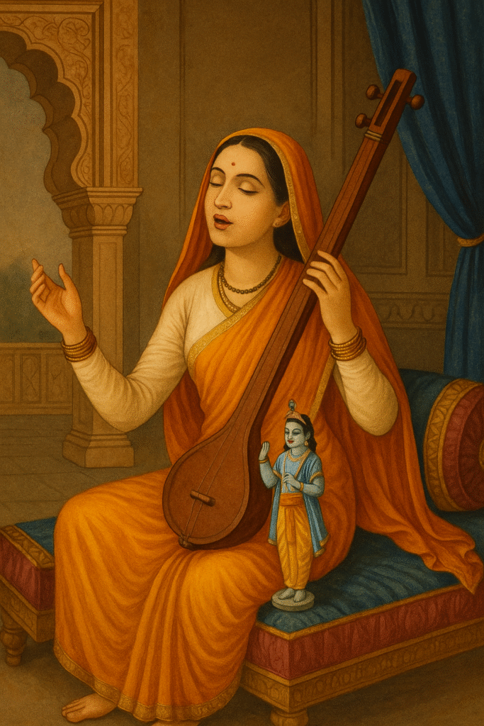 Shri Krishna Ki Deewani – Bhakt Meera Bai Ki Prem Gatha 6 Meera Bai shaadi ke baad Rajmahal mein Krishna ki murti ke samne bhajan gaate hue, tanpura haath mein liye – bhakti aur rajsi jeevan ka sammelan.
