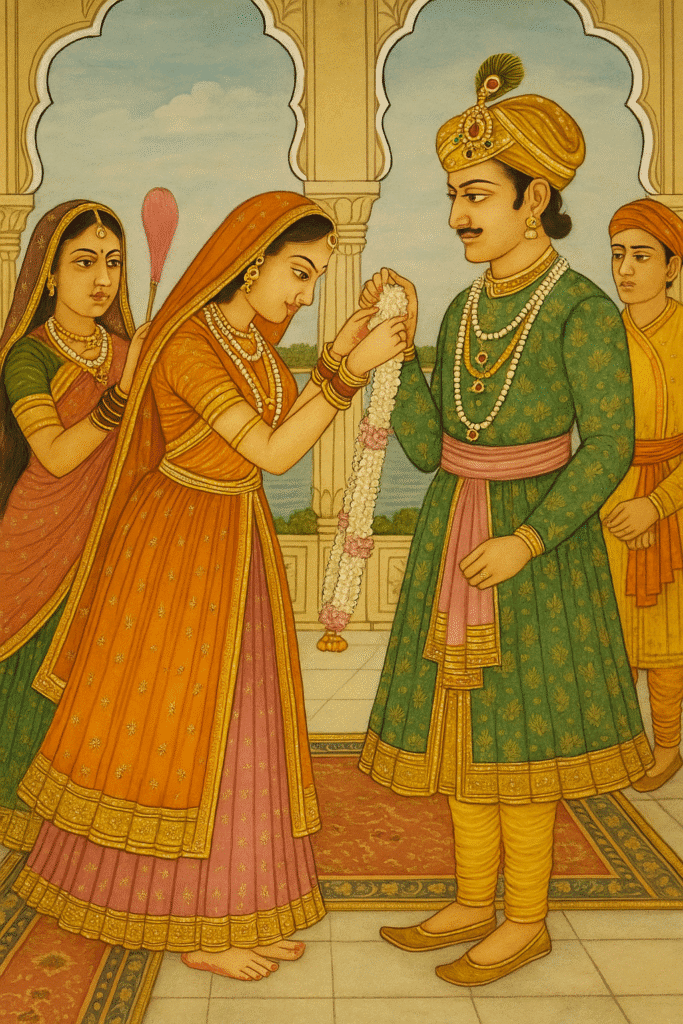Shri Krishna Ki Deewani – Bhakt Meera Bai Ki Prem Gatha 4 Meera Bai apne vivaah ke samay Rajkumar Bhojraj ko varmala pehnaate hue – Rajputana parampara mein bhakti aur shaadi ka sangam.